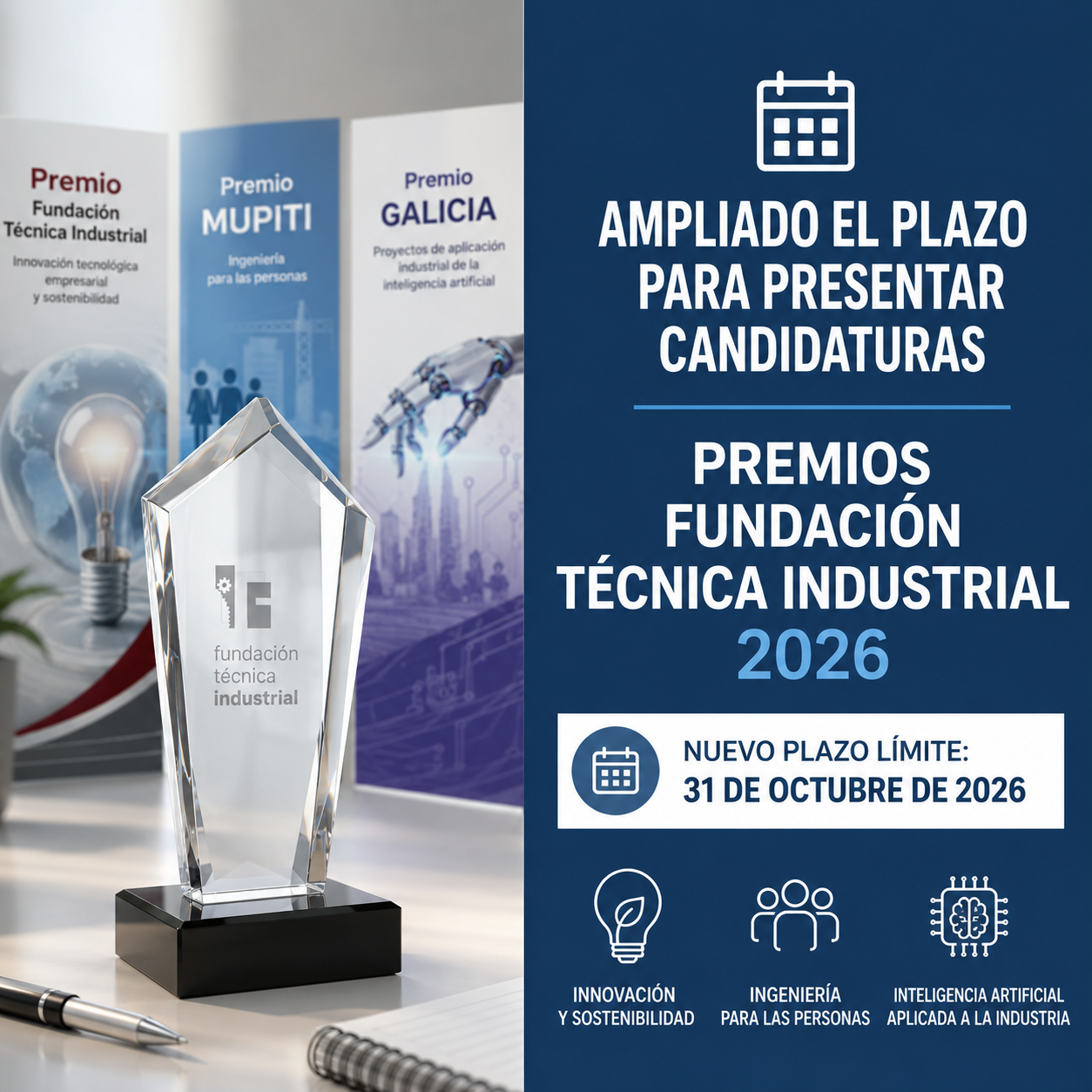 AMPLIADO EL PLAZO PARA PRESENTAR CANDIDATURAS A LOS PREMIOS FUNDACIÓN TÉCNICA INDUSTRIAL 2026