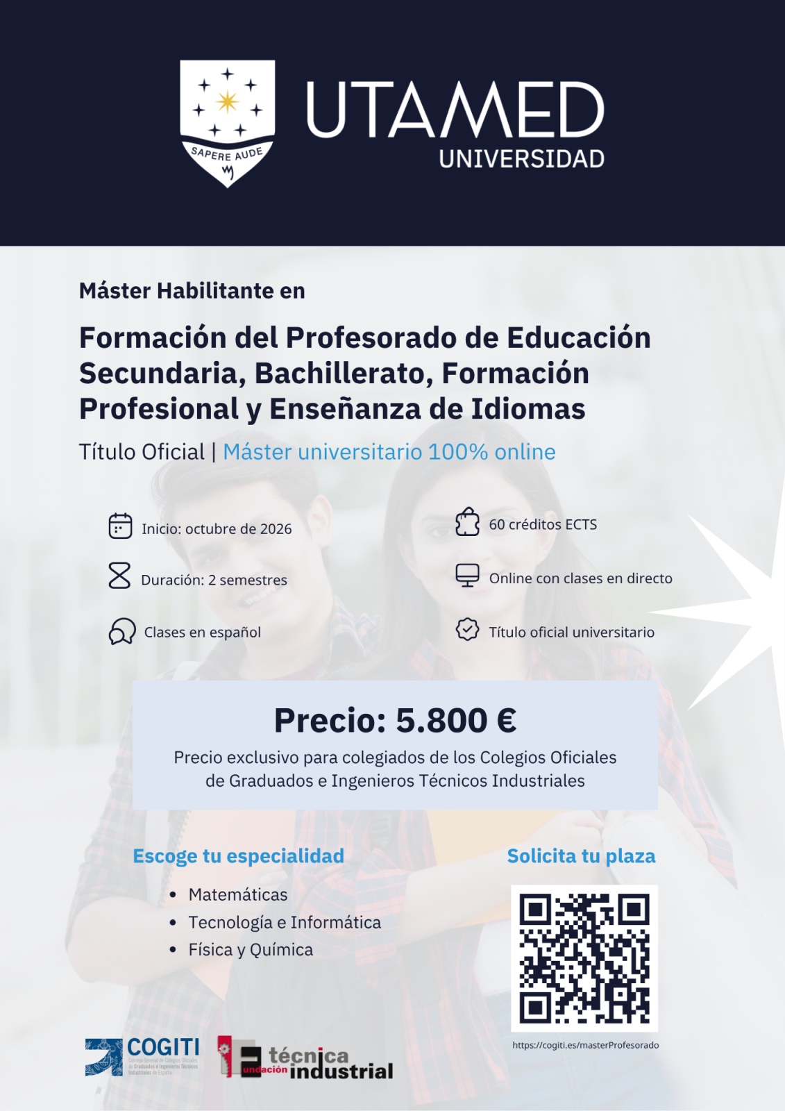 CONVENIO CON UTAMED PARA CURSAR EL MÁSTER UNIVERSITARIO EN FORMACIÓN DEL PROFESORADO 100% ONLINE